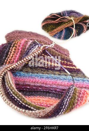 Knitting using  circular needles and yarn Stock Photo