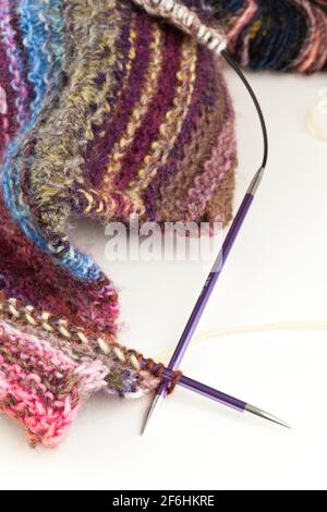 Knitting using  circular needles and yarn Stock Photo