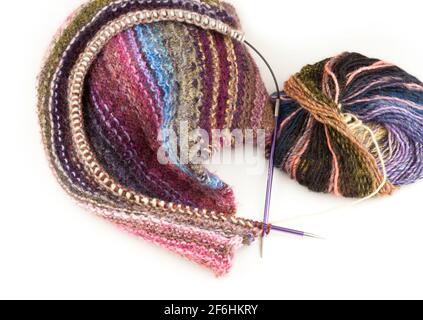 Knitting using  circular needles and yarn Stock Photo
