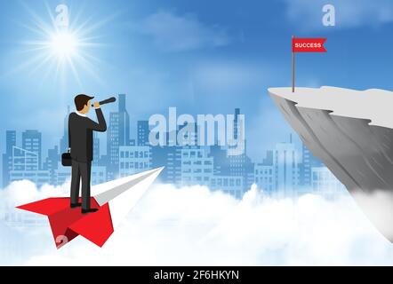 Businessman standing holding binocular on paper airplane go to flag red on cliff Stock Vector