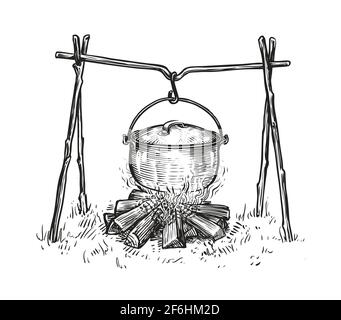 Pot on campfire sketch. Cooking in a cauldron on flame. Hand drawn vector illustration Stock Vector