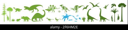 Green dino silhouettes, vector illustration isolated on white background. Dinosaur, jurassic wild animals. Stock Vector