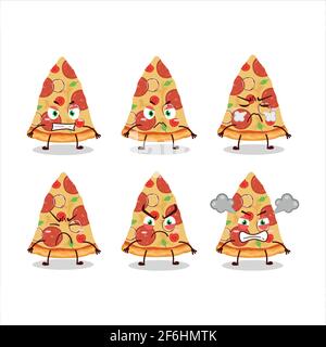 Slice of beef pizza cartoon character with various angry expressions. Vector illustration Stock Vector