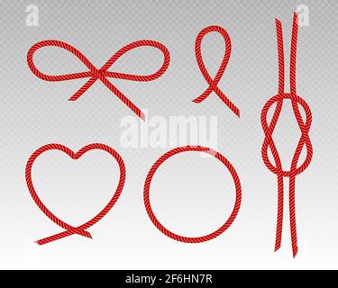 Red silk cords heart, bow, round frame and knot of satin rope, scarlet threads, decorative sewing items Tie border, curve and twisted ribbons isolated on transparent background Realistic 3d vector set Stock Vector