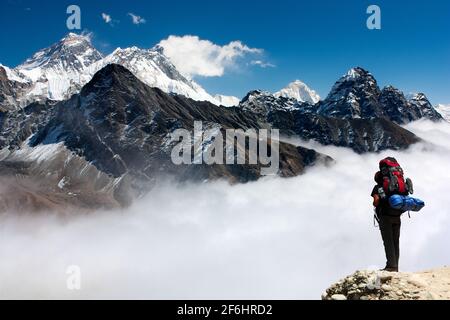 view of Everest from Gokyo with tourist on the way to Everest base camp - Nepal Stock Photo