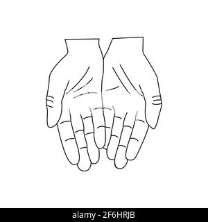 Two outstretched palms, gesturing. Human hands to the wrist. Linear vector black and white illustration in hand drawn, minimalistic trendy icon. Doodl Stock Vector