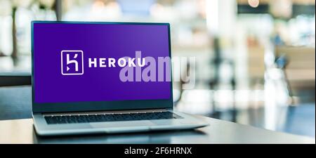 POZNAN, POL - FEB 6, 2021: Laptop computer displaying logo of Heroku, a cloud platform as a service (PaaS) supporting several programming languages Stock Photo