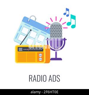 Radio ads icon. Radio microphone, arrow target and music sounds. Stock Vector