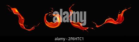 Splashes of red tomato juice, blood or lava. Vector realistic set of flying liquid ketchup, sauce, paint or molten magma waves and swirls with drops isolated on black background Stock Vector