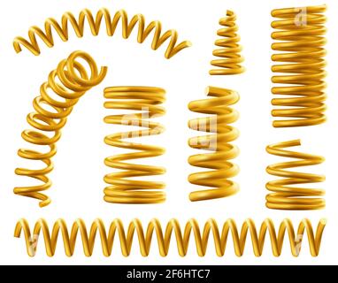 Gold spring coils, flexible spiral metal wire. Vector realistic set of golden elastic springy coils different shapes for suspension or machine absorber isolated on white background Stock Vector