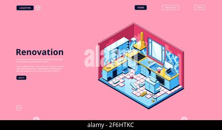 Renovation banner. Modern service for repair and improvement interiors. Vector landing page with isometric illustration of house kitchen with furniture, floor tiles and tools for renovate Stock Vector