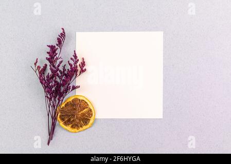 Dried flower background mockup, blank white paper with place for your text, bright background and flat lay composition photo Stock Photo