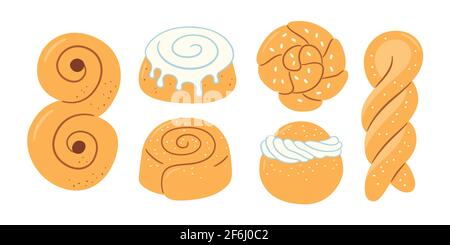 Cinnamon rolls with sugar. Set of swirl buns. Hand drawn isolated vector illustration Stock Vector
