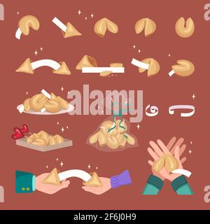 Chinese fortune cookies set of elements. Baking with white templates, pieces of paper of good luck. Holiday sweets on a plate, in a box and gift Stock Vector