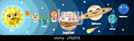 Cute planets with funny smiling faces. Solar system with cute cartoon