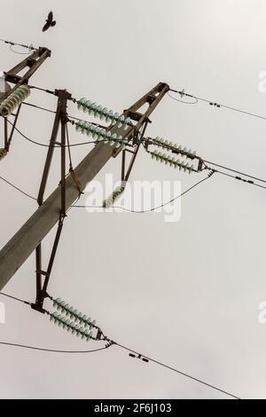 High voltage power line pole with glass electrical insulators on wires at cloudy weather, view from ground surface Stock Photo
