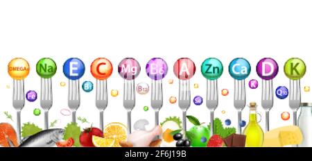 Vitamin mineral balls and foods rich in vitamins, vector illustration. Healthy nutrition, diet, natural food supplements Stock Vector