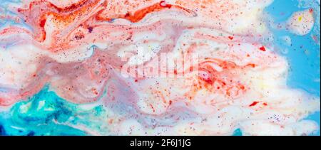 Horizontal banner background acrylic soft blue with pink and sparkles. Colorful marble texture. Fluid liquid marble. Art picture. Avant-garde creativi Stock Photo
