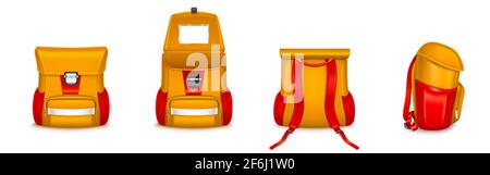 Kids school bag, backpack or rucksack with webbing, orange and red colors knapsack different angle view. Student backpack or schoolbag isolated on white background, Realistic 3d vector icons set Stock Vector