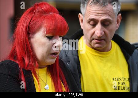 Nigel and Karina Driscoll, the parents of Melody Driscoll, talk to the media outside Southwark Coroner's Court, London, following the inquest into their daughter's death. The seriously ill 11-year-old girl who had a 'complicated medical history' died after suffering complications following an operation for gallstones, a coroner has said. Picture date: Thursday April 1, 2021. Stock Photo