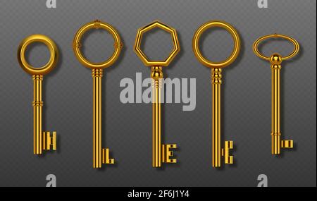 Old gold keys collection isolated on transparent background. Vector realistic set of vintage decorative golden keys for lock, house door or treasure. 3d shiny symbols of secret, security and privacy Stock Vector