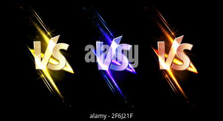 Versus VS signs with glow and sparks, game or sport confrontation symbols on black background with glowing sparkles. Martial arts combat, fight, battle competition challenge, Realistic 3d vector set Stock Vector