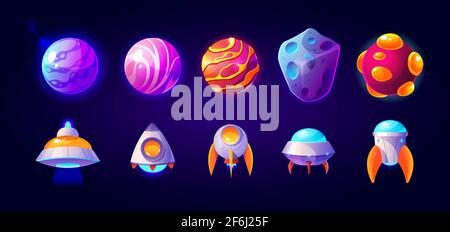 Ufo, spaceships and rockets with planets or asteroids, alien shuttles. Isolated fantasy cosmic objects, computer game graphic design elements, funny space collection, Cartoon vector illustration, set Stock Vector