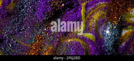 Baner: multicolored acrylic background with curls sprinkled with purple and gold sequins. Contemporary creativity. A colorful avant-garde painting wit Stock Photo