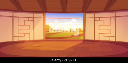 Dojo room, empty japanese style interior for meditation or martial arts workout with wooden floor and open door with scenic peaceful view on asian rice field, Cartoon vector illustration Stock Vector