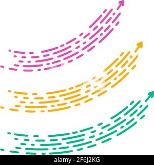 Set Fashionable new arrow in a modern style. Pink, yellow and green dinamic line on white background. The movement of the lines to the up. Speed arrow Stock Vector