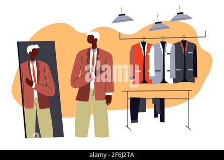 Man choosing shirt or suit in shop, shopping male Stock Vector