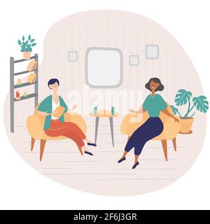 Interview show. Interviewer asks young woman questions. Two women sit on chairs and talk. TV show. Hand drawn vector illustration in cartoon style Stock Vector