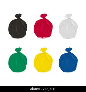 Garbage bag icons set. Plastic waste bags black, red, white, green, yellow and blue. Stock Vector