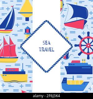 Sea travel concept banner in flat style with ships and nautical symbols. Marine vacation flyer or poster template with place for text. Stock Vector