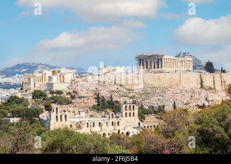 Parthenon view from Filopappou Hill. There can be seen the Parthenon temple, of 5th century BC, on the sacred Akropolis Hill, in Athens, Greece. Stock Photo