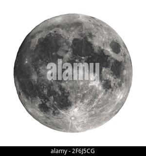 Full moon seen with an astronomical telescope isolated over white background Stock Photo