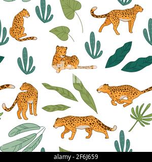 Leopards with leaves and tropical foliage of park Stock Vector