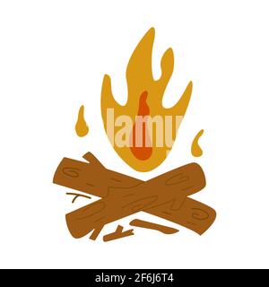 Burning cozy bonfire with firewood and branches, colorful vector illustration on a white background. Isolated hand drawn Stock Vector