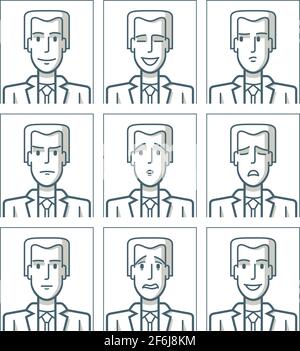 Nine drawings of a young businessman with different facial expressions. The drawings are made with simple lines. Stock Vector