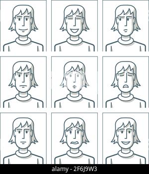 Nine drawings of a young man with different facial expressions. The drawings are made with simple lines. Stock Vector