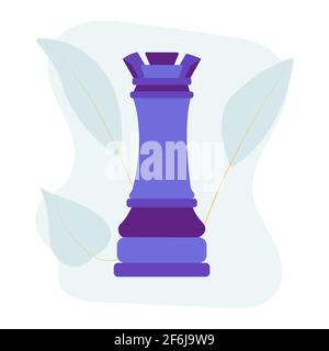 Rook chess piece. Vector flat colorful isolated illustration. Abstract blue stain and leaves on background. Chessman Stock Vector
