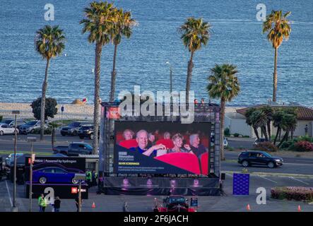 Santa Barbara, United States. 31st Mar, 2021. 36th Santa Barbara International Film Festival opening night screening of “Invisible Valley” at a Santa Barbara City College parking lot Drive-in Theaters in Santa Barbara, California, March 31, 2021. SBIFF had two high end beachside Drive-ins installed to screen select films, all with free admission and moved this years festival online which included all their Celebrity Tributes, Panel Discussions, Filmmaker Q&As and over 100 films. (Photo by Rod Rolle/Sipa USA) Credit: Sipa USA/Alamy Live News Stock Photo