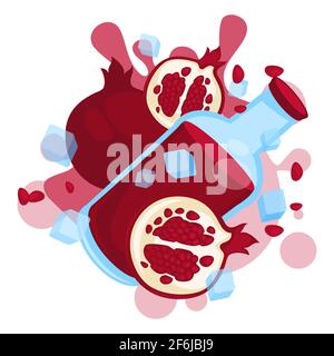 Pomegranate juice with sour taste bottle and fruit Stock Vector