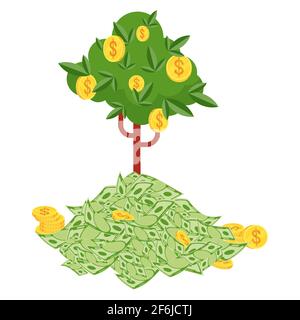 Pile of money and money tree. Huge packs of paper money. Stock Vector