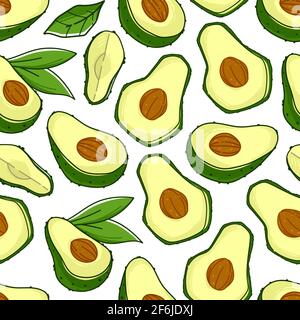 Avocado ripe fruit and seeds and leaves pattern Stock Vector