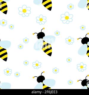 Cute striped Bee around white flowers chamomile. Vector Seamless pattern. Children repeating pattern with bee in meadow. Stock Vector