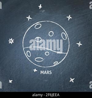 Planet Mars icon on chalkboard. Solar system space element - chalk drawing. Stock Vector