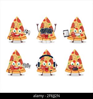 Slice of beef pizza cartoon character are playing games with various cute emoticons. Vector illustration Stock Vector