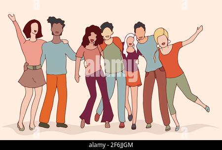 Group of young friends hugging and smiling having fun. Diversity people. Teamwork community cooperation partnership and friendship concept.Happy youth Stock Vector