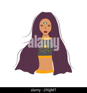 Beautiful girl with long hair, a third eye in her forehead, bright sun on her chest. Enlightened, awakened girl. Self-knowledge, spiritual development Stock Vector